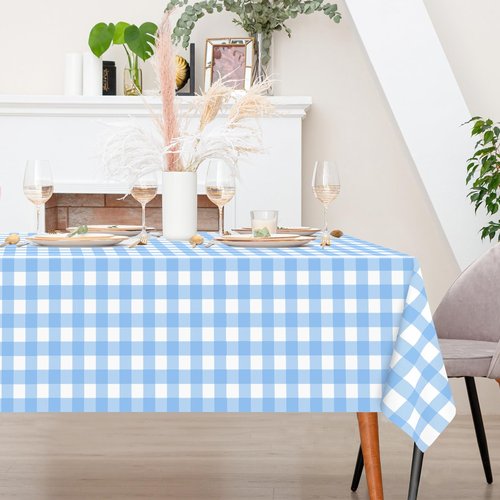3 Pack Light Blue Gingham Tablecloth Rectangular Pale Blue and White Checkered Tablecloths Disposable Plastic Plaid Table Cover for Parties, Outdoor Picnic, Birthday, Wedding, Camping 54 × 108 Inch