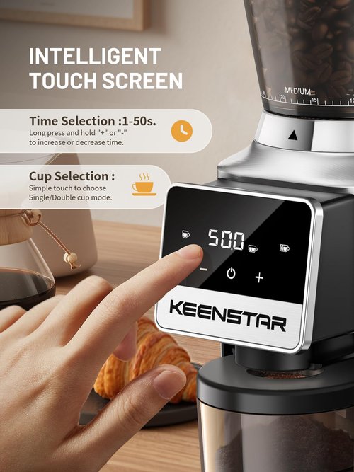 Keenstar Conical Burr Coffee Grinder, Coffee Bean Grinder with 34 Grind Settings for Home Use, Precision Timer, Touchscreen, Anti-static, Stainless Steel