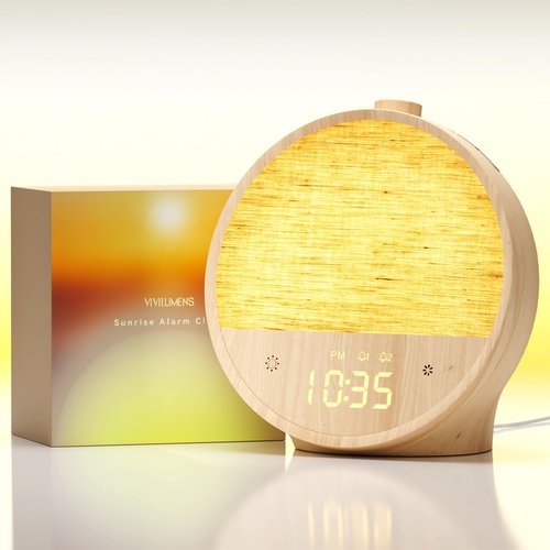 Vivilumens Wood Grain Sunrise Alarm Clock, Gentle Wake-Up Light Sound Machine, Dual Alarms for Heavy Sleepers, Natural Sounds, RGB Mood Light, Dimmable Bedside Night Lamp, Ideal for Bedroom & Gifts