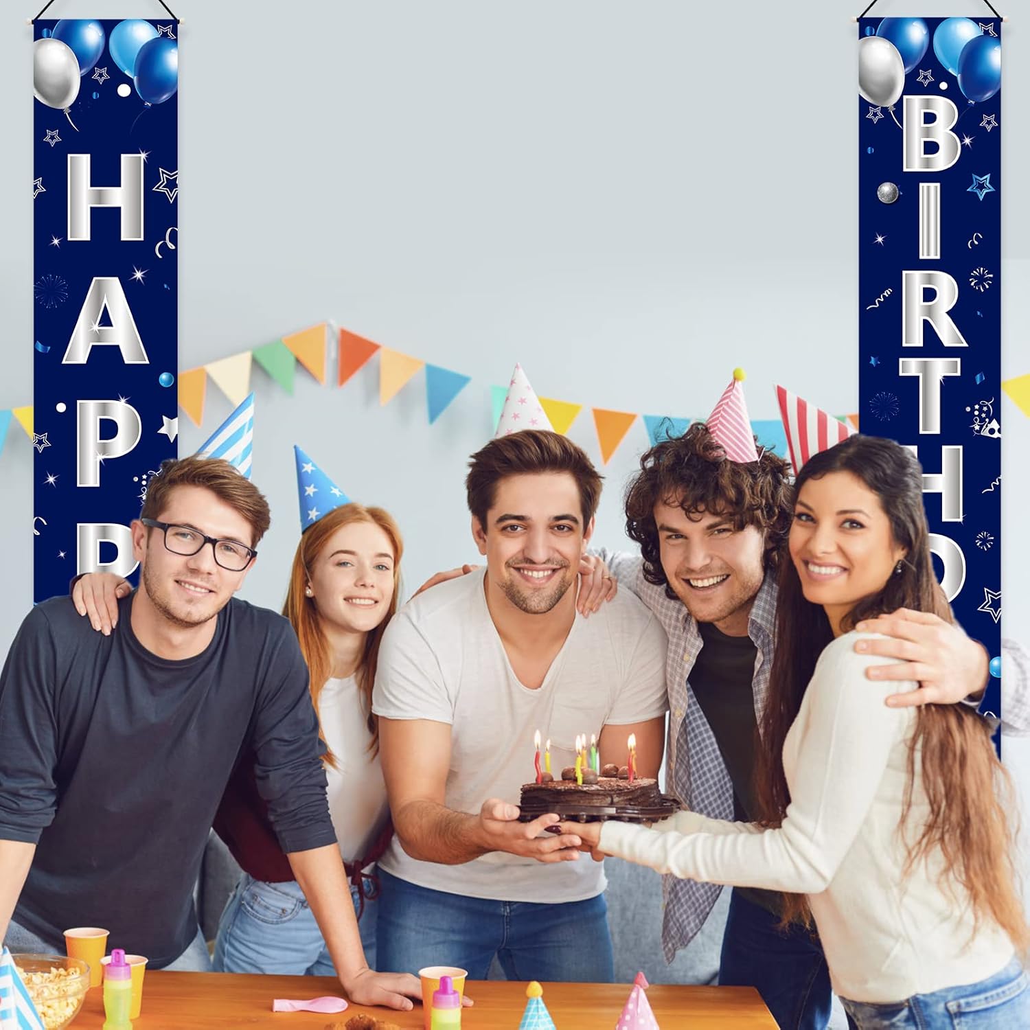Turypaty Happy Birthday Door Banner - Blue & Silver Decorations for Men & Boys | Perfect for All Ages