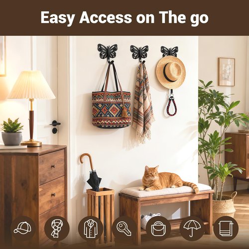 Midukit Butterfly Design Wall Hooks for Towel and Coat: 20LB Screw in Aesthetics Metal Hanger Wall Mount for Living Room, Bathroom, Kitchen, Bedroom for Coat, Bag, Scarf, Towel, Hat, Key, Cup, 3 Pack