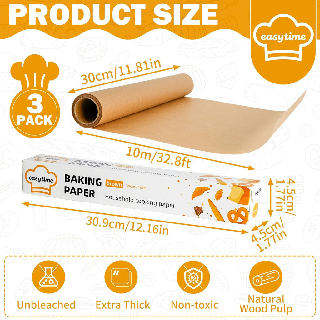 Unbleached Parchment Paper Roll - Non-Stick Baking Sheets with Built-In Cutter | 12in x 98ft, 3 Pack