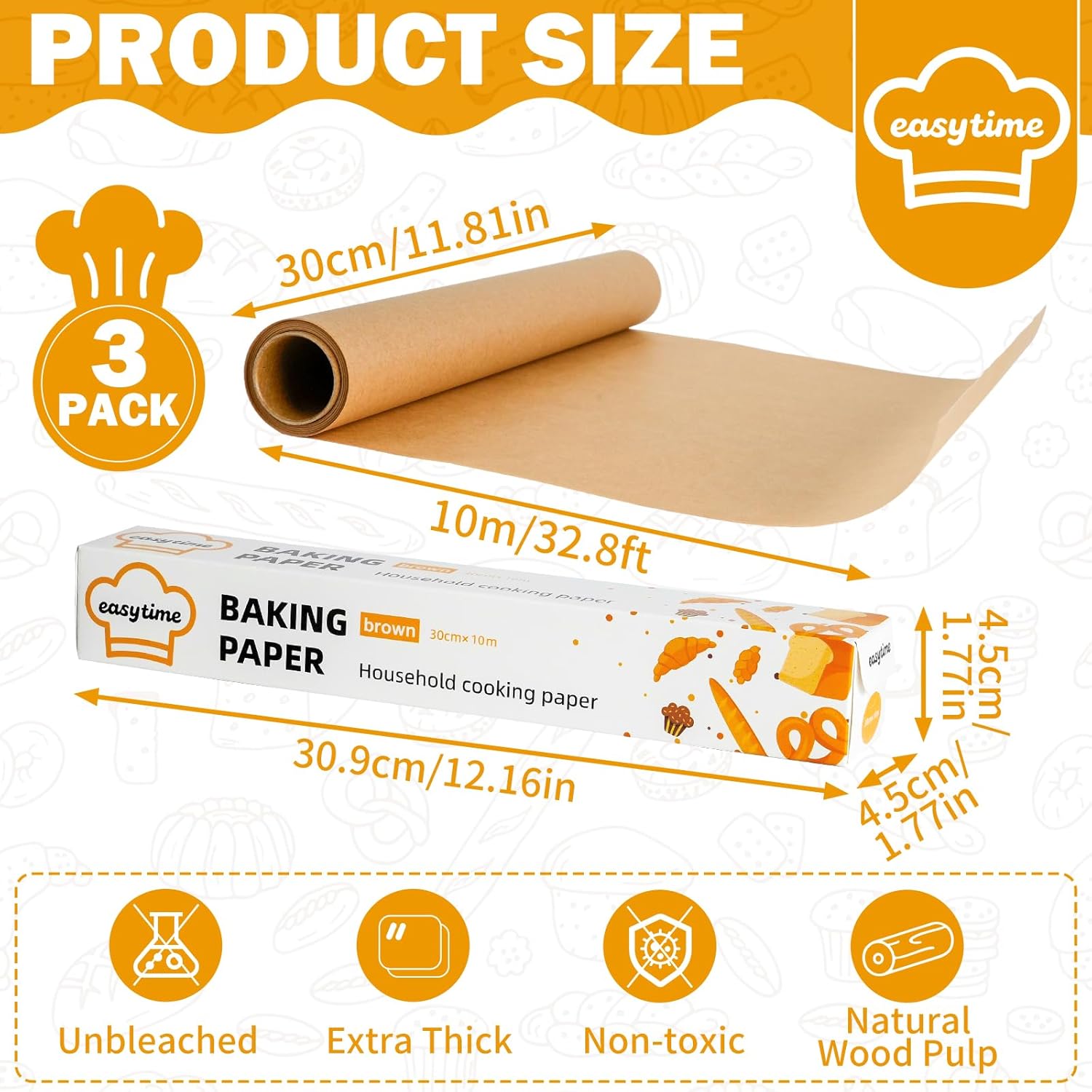 Unbleached Parchment Paper Roll - Non-Stick Baking Sheets with Built-In Cutter | 12in x 98ft, 3 Pack
