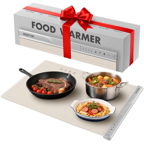 Food Warming Mat, Electric Food Warming Tray with 4 Adjustable Temperature, 3 Timer, Full Surface Heating Child Lock, Food Grade Silicone Food Warmer for Parties Buffet Countertop Home Travel (Beige)