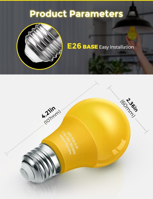 DORESshop Yellow Light Bulbs, Bug Lights for Outside, A19 Bug Light Bulbs 9W (60 Watt Equivalent) Amber Porch Light Bulb, Non-Attracting, E26 Base, Ideal for Patio, Backyard, Not-Dimmable, 2 Pack