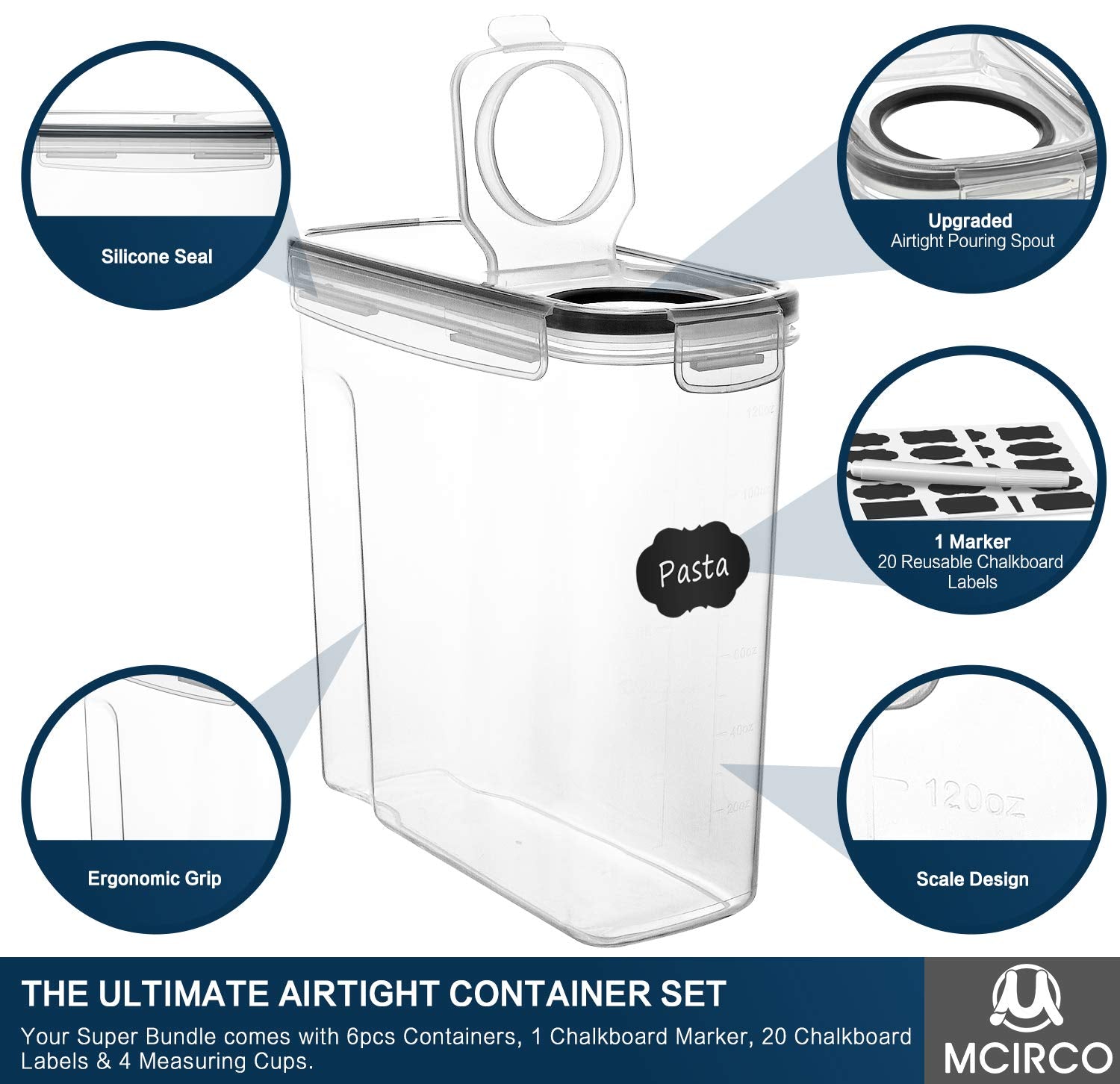 Cereal Container Set, MCIRCO Airtight Food Storage Containers ((4L /135.2oz) Set of 6, Cereal Dispensers with Measuring Tools