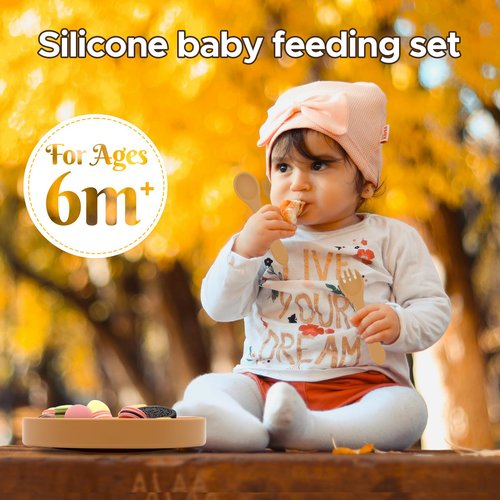 BabyX Baby Silicone Feeder Set, 3-pcs Jungle Wildlife-themed Baby Plate with Suction, Spoon and Fork for Babies Toddler Kids, BPA-Free, Baby Utensils Feeding Supplies, Microwave and Dishwasher Safe