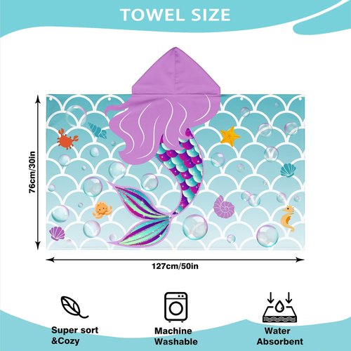 gdhiybf Mermaid Hooded Towels for Kids 30" x 50" Soft Absorbent Toddler Beach Towel for Swim Pool Wearable Bath Poncho Wrap for Girls Toddlers Children 3-12 Years