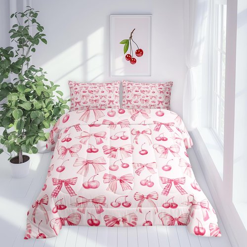 Manfei Bowknot Princess Comforter Set Full Size,Pink Bow Cherry Tropical Fruits Patchwork Bedding Set,Girls Women Room Decor,Bow-tie Girlish Dreamy Down Comforter,Pink Cute Duvet Insert,2 Pillowcases