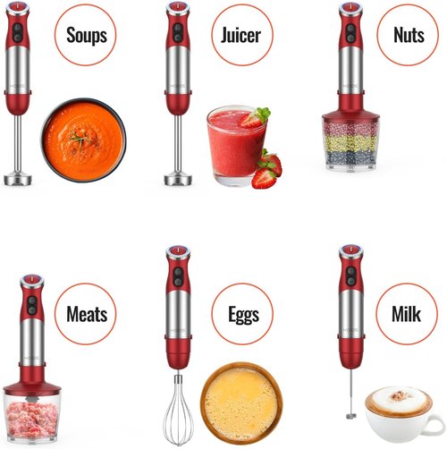 KOIOS 5-in-1 Hand Immersion Blender - 1000W 12-Speed Handheld Mixer with Copper Motor & Stainless Steel Blade | Includes 600ml Beaker, 500ml Food Processor, Whisk & Milk Frother - Non-BPA, Red