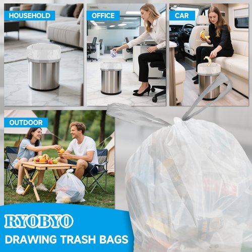 Ryobyo 180 Counts Drawstring Small Trash Bags 2-4 Gallon, 4 Gallon Mini Trash Bag Extra Strong, Small Garbage Bags Unscented, Stretchy, Quick Cinch for Bathroom Bedroom Office,White