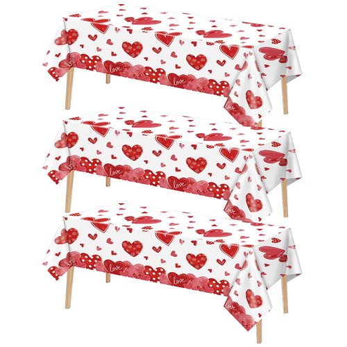 Ohkishly 3Pcs Valentines Tablecloth 54x108 Inch，Plastic Red Love Heart Table Cloth Valentines Tables Cloth,Disposable Plastic Tablecloth for Valentine Decorations,Table Cover for Party Decor
