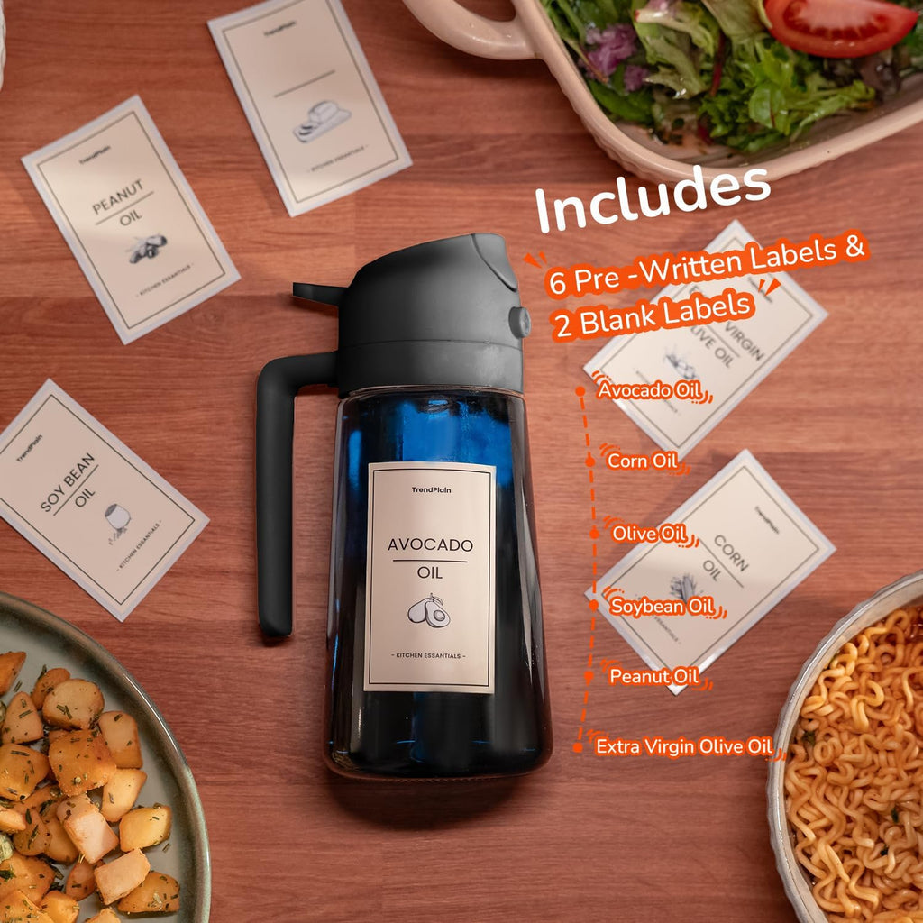 TrendPlain Blue Glass Olive Oil Sprayer - 16oz 2-in-1 Dispenser for Cooking, Air Fryer & BBQ