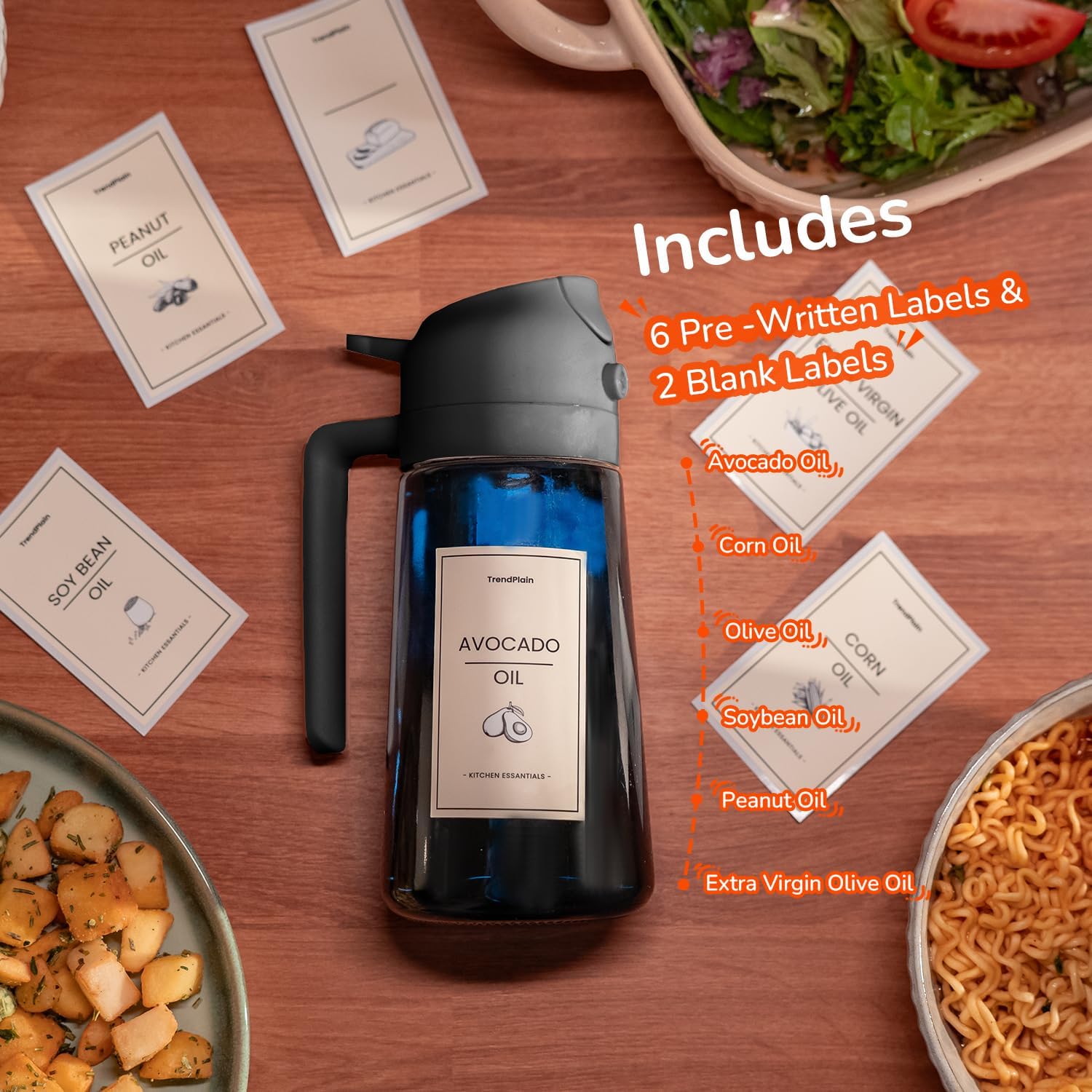 TrendPlain Blue Glass Olive Oil Sprayer - 16oz 2-in-1 Dispenser for Cooking, Air Fryer & BBQ