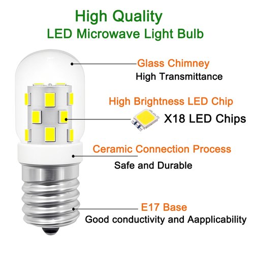 LED Microwave Light Bulbs Under Hood 40W Equivalent - E17 Base for Whirlpool Microwave Light Bulb, 3W 125V T7 Appliance Oven Light Bulbs for Range Hood,400 Lumens, 6000K Daylight, 2 Pack
