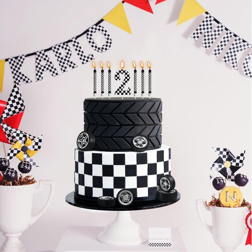 13 Pcs Racing Cars Themed Birthday Candles, Black and White Checkered Birthday Cake Candles, Numeral 2Candle Wheel Tire for Racing Car Party Decoration Theme Party Supplies