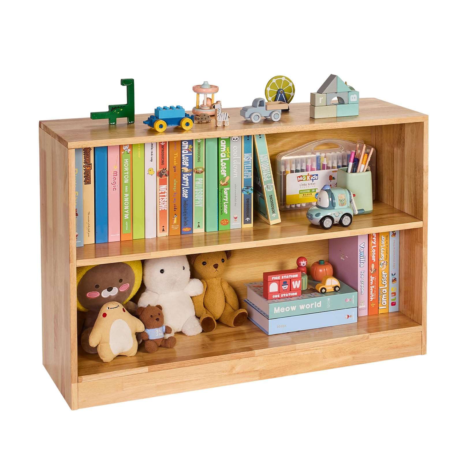 VEVOR Montessori Bookshelf, Wooden Toy Storage Organizer, 2-Cubby Toy Organizers and Storage, Daycare Furniture, Kids Bookshelf for Bedroom, Nursery, Living Room, Entryway, Preschool, Rubberwood