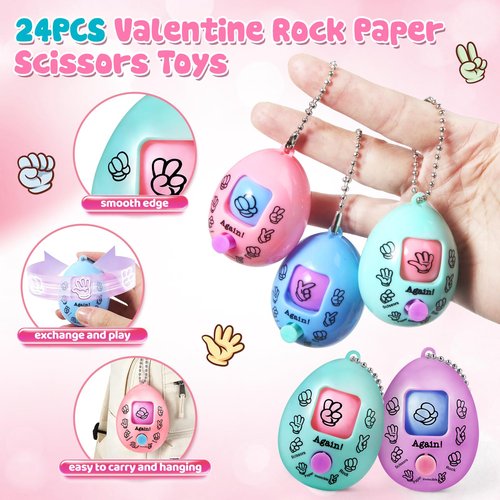 Shyling Valentines Day Cards for Kids School - 24 Pack Rock Paper Scissors Keychain Party Favors Bulk Toys with Cards, Valentines Day Gifts for Kids Classroom Prize School Exchange Boys Girls.