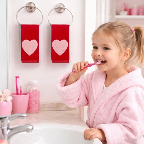 Serafina Home Valentine Bathroom Fingertip Towels - Set of 2 Red, 100% Cotton, Embroidered Stitched Pink Heart Design, 12" x 18" Inches, Decorative Bath Kitchen Hand Towels