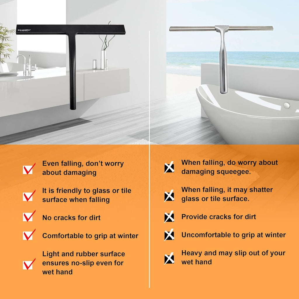 Shower Squeegee - 10-Inch All-Purpose Glass Door Cleaner with Suction Cup Hooks - Black
