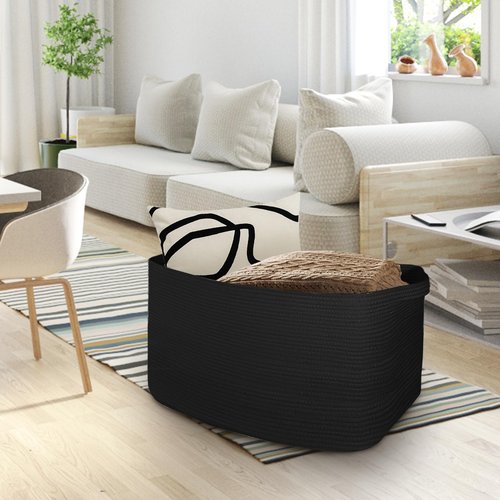 HONCESTA Extra Large Black Basket, 22" X 17" X 12" Rectangle Woven Bin for Storage, Soft Cotton Rope Kids Room Toy Box Bins, Big Wicker Basket Organizer for Blankets, Pillows, Laundry