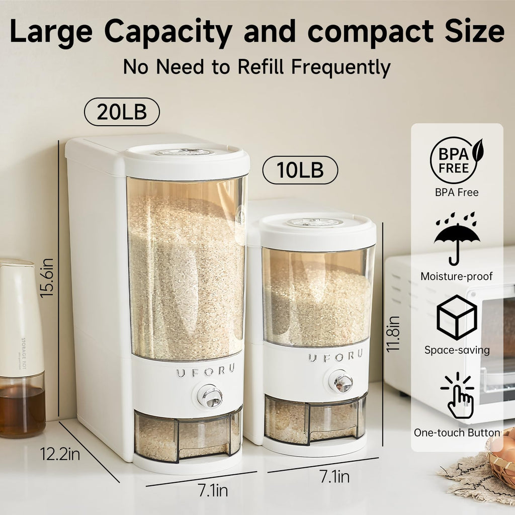 UFORU Rice Dispenser 20 lbs | Large Rice Storage Container for Kitchen&Pantry - Space-saving, Moisture & Pest-proof, BPA-Free - Dry Food Dispenser with One-Touch Dispenser & Measuring Cup for Families