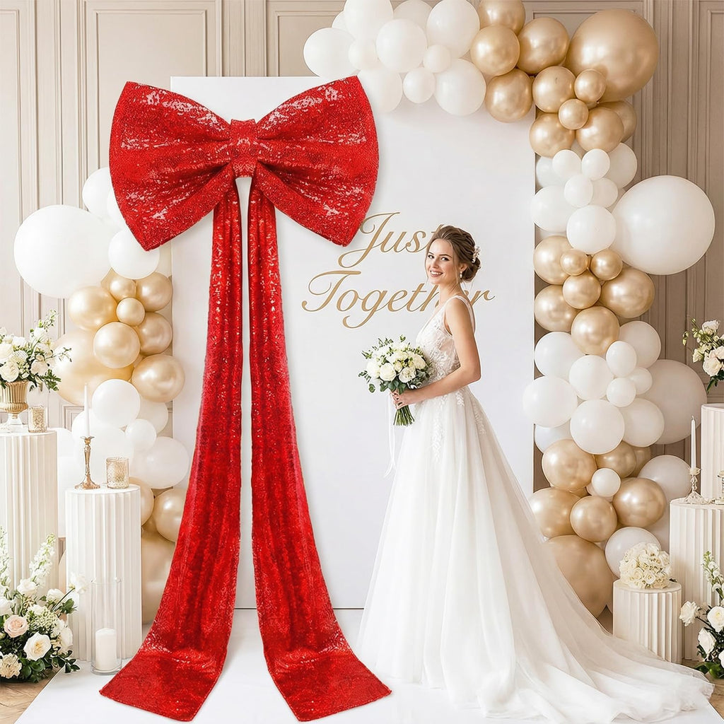 Sequin Giant Bow - Oversized Red Decoration with Long Ribbon | 75 x 23 Inch for Weddings & Parties