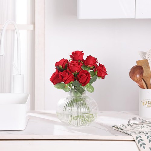 YANWE1 Round Glass Vase, Flower Vases for Bouquet, Ribbed Glass Vases for Flowers, Small Clear Vase for Living Room, Office, Coffee Table, Shelf, Wedding, 6 Inches