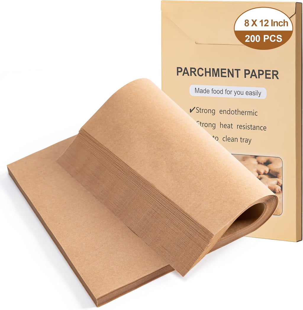 Skiennix Parchment Paper Sheets - 200 Pcs Non-Stick Precut Baking Paper | 8 x 12 Inches, Unbleached