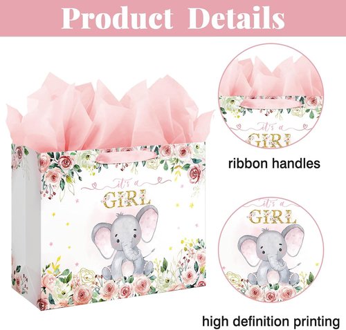 Laidans Large Baby Shower Gift Bag - Pink Floral Elephant Design with Tissue Paper & Card