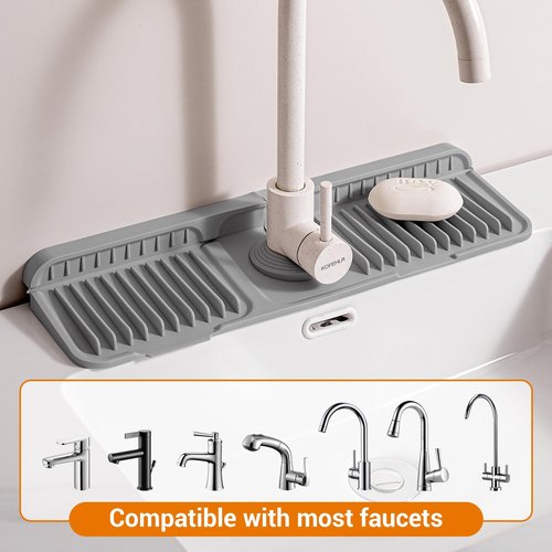 ZJWZLG Faucet Mat for Kitchen Sink, 17.7"X5.5" Silicone Sink Splash Guard with Soap Holder, Snap-On Design & 7°slope Fast Drain, Folding Sink Faucet Mat for Universal Kitchen Bathroom Sink（Grey）