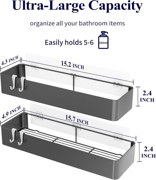 Kitsure Shower Caddy - Rustproof Adhesive Organizer with No-Drill Installation | Dark Grey, 2 Pack