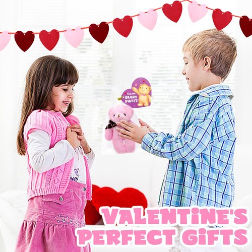 Giaueoa 28 Pack Valentines Day Gifts for Kids with Bears Plush Toy, Valentine's Greeting Cards for Kids Classroom Exchange, Prize Supplies