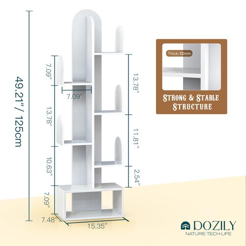 DOZILY Cactus Tree Bookshelf, 5-Tier Wood 50" Tall Storage Rack for CDs/Movies/Books, Small Space-Saving Organizer Shelves for Living Room, Bedroom, Home Office (Mist Green)