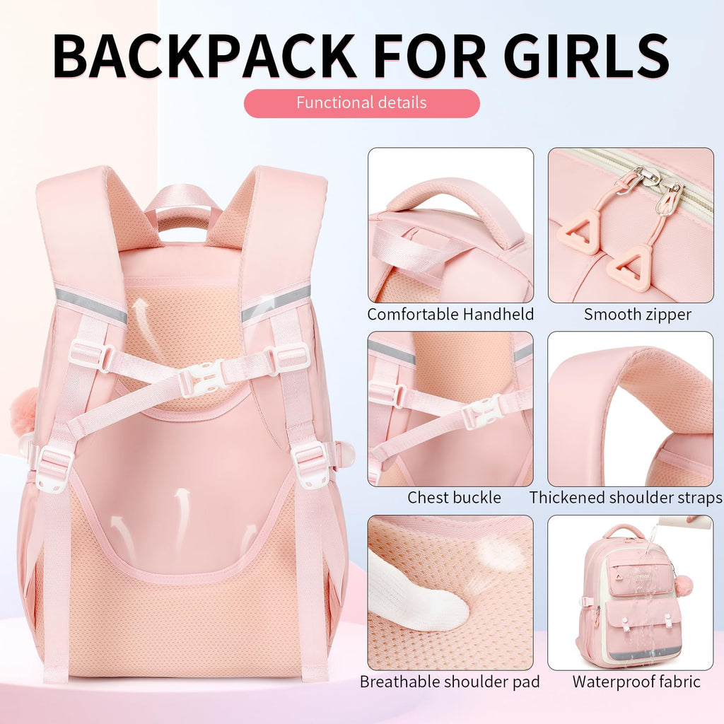 CYOQX School Backpack for Girls Cute Backpack Elementary Middle School High School Teenage Girls Schoolbag (Pink)