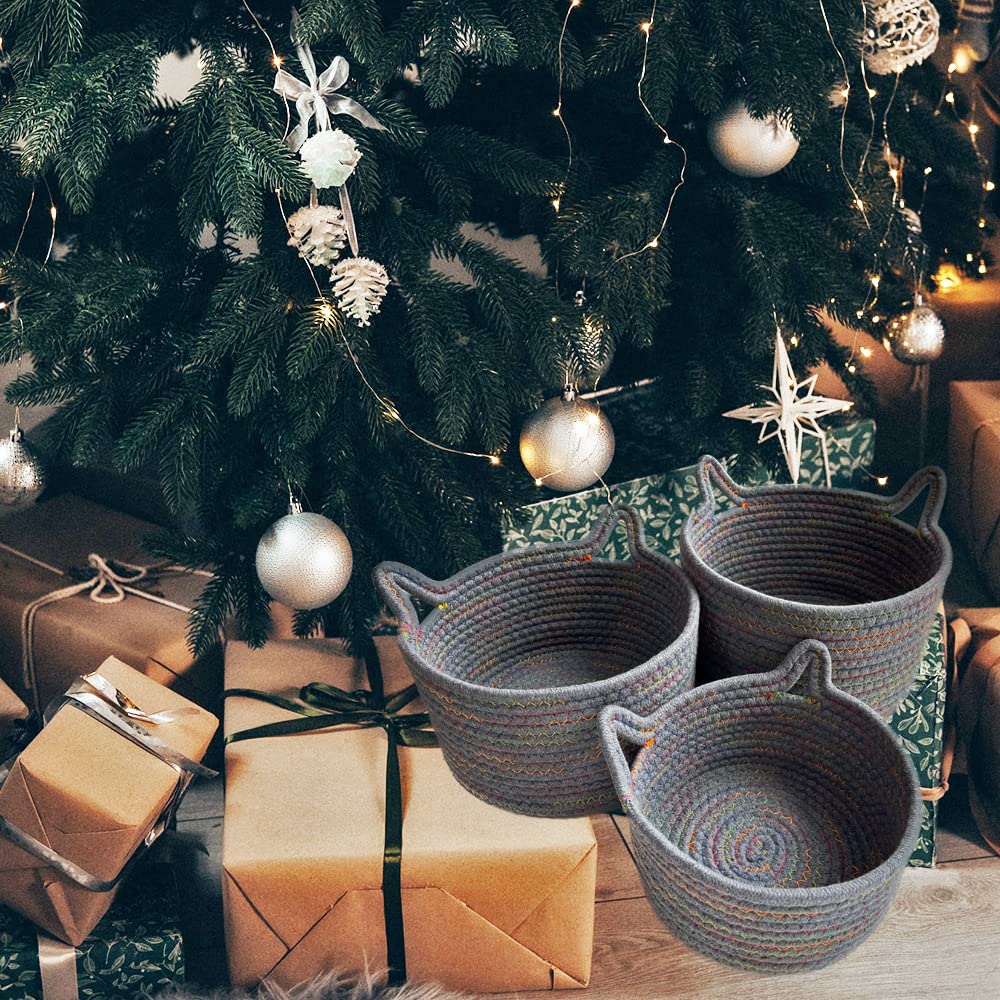 Small Woven Baskets | Mini Storage Bins | Cotton Rope Baby Nursery Organizers | Cute Round Cat Ears Basket for Organizing Desk Decor Kids Toy Dog Cat Baby Girls Gifts-Set of 3 (Grey mixed colors)