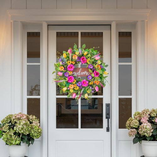 Pinkpuii Spring Wreaths for Front Door Outside – 24 Inch Artificial Tulip & Wildflower Summer Wreath with Green Eucalyptus Leaves and Welcome Sign- Indoor Outdoor Farmhouse Home Porch Wall Decor
