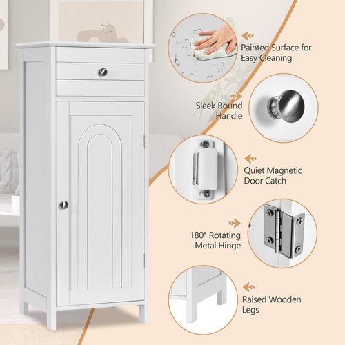 COSTWAY Bathroom Storage Cabinet, Single Door Floor Cabinet with Drawer and 3-Level Adjustable Shelves, Modern Side Storage Organizer with Anti-Tipping Device for Living Room, Bedroom (White)