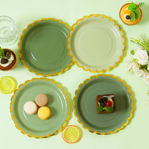Leapig Green mix scalloped party plates with napkins and fork gold foil border, 24 Guest disposable Tableware Set Sage Green Party Decoration for Birthday Coquette Bridal Baby Shower Valentines