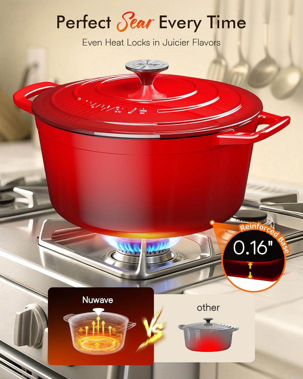 Nuwave 6QT Enameled Cast Iron Dutch Oven - Heavy Duty, Dual Handles, Oven Safe to 500°F for Baking & Roasting