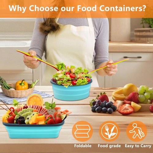 16 Pack Collapsible Food Storage Containers with Lid & Air Vent, 8 Rectangular and 8 Round Foldable Collapsible Silicone Lunch Containers Sets Bowls for Camping, Travel Trailer Must