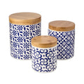 Madison 3pc Canister Set - Premium Porcelain with Bamboo Lids, Blue and White Patterns - Large 96 oz, Medium 80 oz, Small 30 oz - Perfect for Pantry Storage and Organization