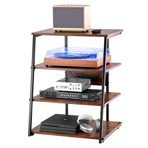 VEVOR 4-Tier AV Media Stand with Power Strips, Corner TV Stand with LED Lights, Height Adjustable Wooden Shelves for DVD Players/Cable Boxes/Games Consoles, Brown
