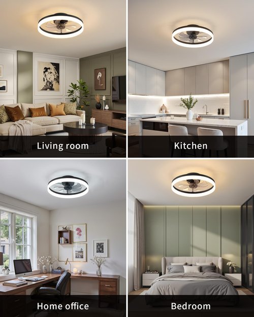 PUSU 15.8" Low Profile LED Ceiling Fans with Light, Reversible Flush Mount with Remote and 6 Winds Speeds Fan Lighting, 3 Colors Dimmable for Bedroom, Garage, Kids, Dinning Room, Kitchen (Black)