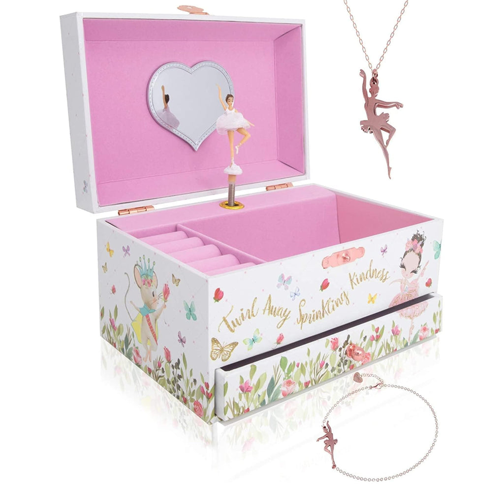 The Memory Building Co Ballerina Musical Jewelry Box Plays Classic Melody, Storage Organizer Music Box for Kids Ages 6-12, MDF Wood w/ 2 Fabric Lined Ring Bracelet Necklace Treasure Compartments