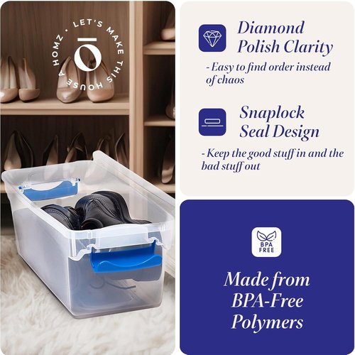 HOMZ Clear Plastic Storage Organizer Bins - 5-Pack 7.5 Quart with Blue Latch | Stackable Containers for Home & Garage