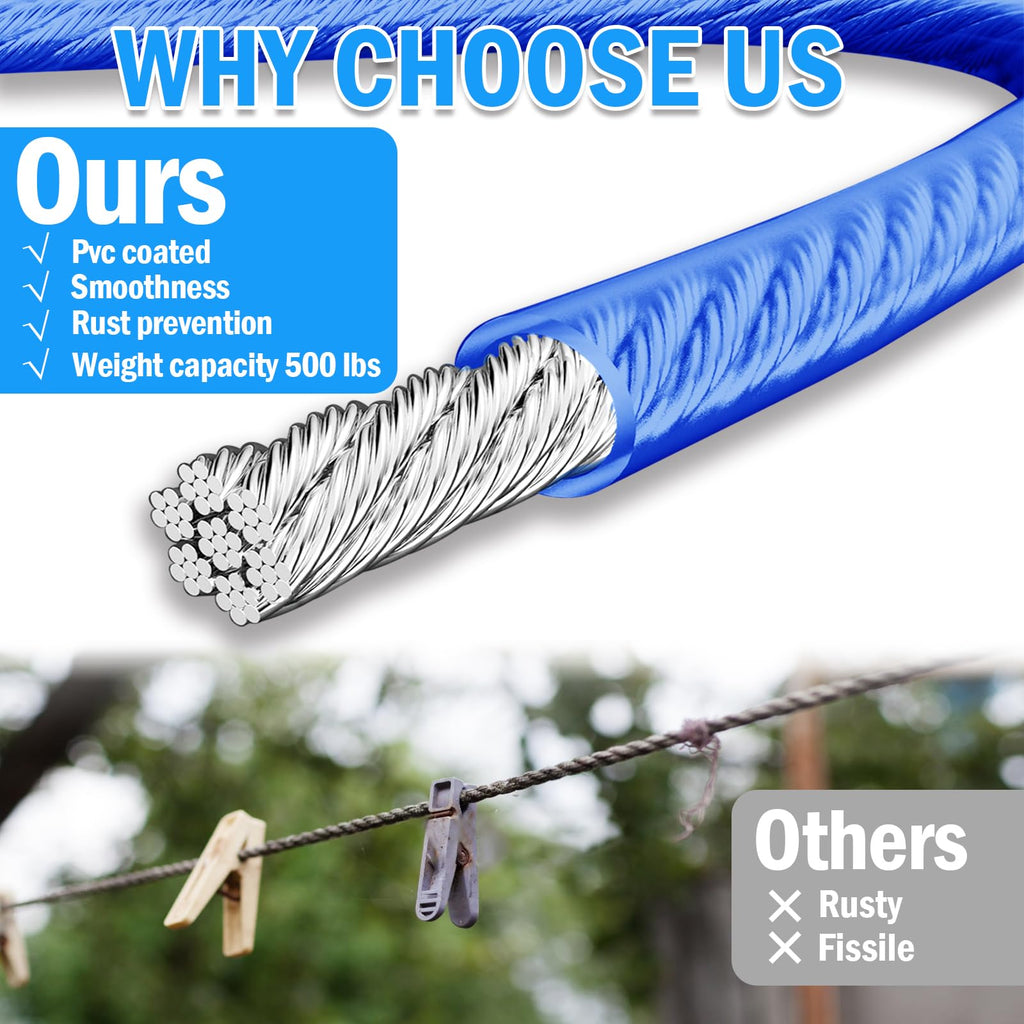 VIVBOO 40ft Clothes Line Outdoors 3/16" Wire Ropes Blue PVC Coating Laundry Drying Clothesline Retractor with Metal Hooks Heavy Duty for Umbrella Travel Outside Camping Backyard