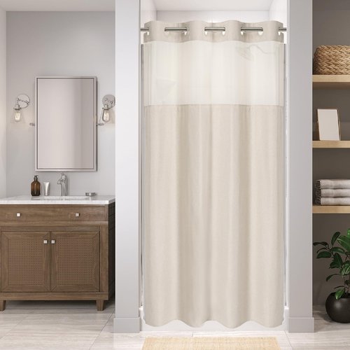 eachope Stall No Hooks Needed Linen Textured Shower Curtain with Snap-in Fabric Liner Set,Hotel Luxury Decor Shower Curtains for Bathroom,Waterproof & Washable,60Wx74H,Cream