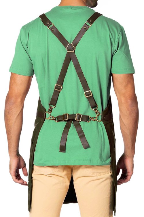 Under NY Sky Cargo Green Apron – Cross-Back with Leather Straps, Heavy-Duty Waxed Canvas and Split-Leg – Adjustable for Men and Women – Pro Woodworker, Mechanic, Blacksmith, Welder, Artist Aprons