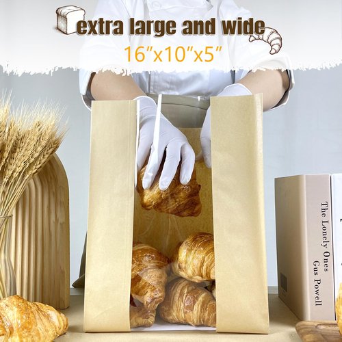 BIUBIU 16x10x5 inch Extra Large Paper Bread Bags for Homemade Bread with Window & Sticker for XL Sourdough Bread, Supersized Bread Loaf, Baked Goods, Packaging for Gifting-Brown Kraft 50Pcs